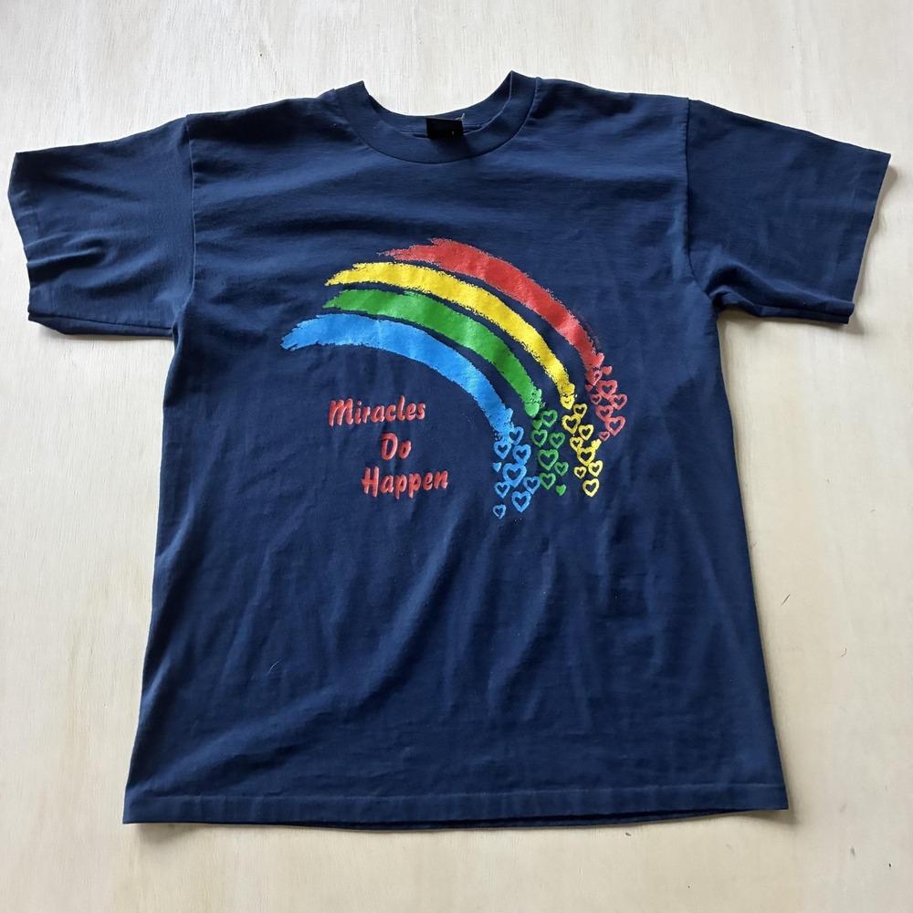 Vintage Miracles Do Happen Shirt Mens Large Blue Rainbow Single Stitch Tee